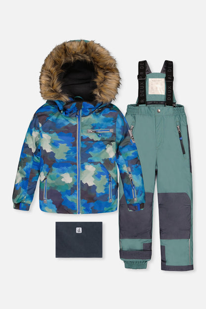 Two Piece Play Snowsuit Blue Camouflage Print With Green Pants-0