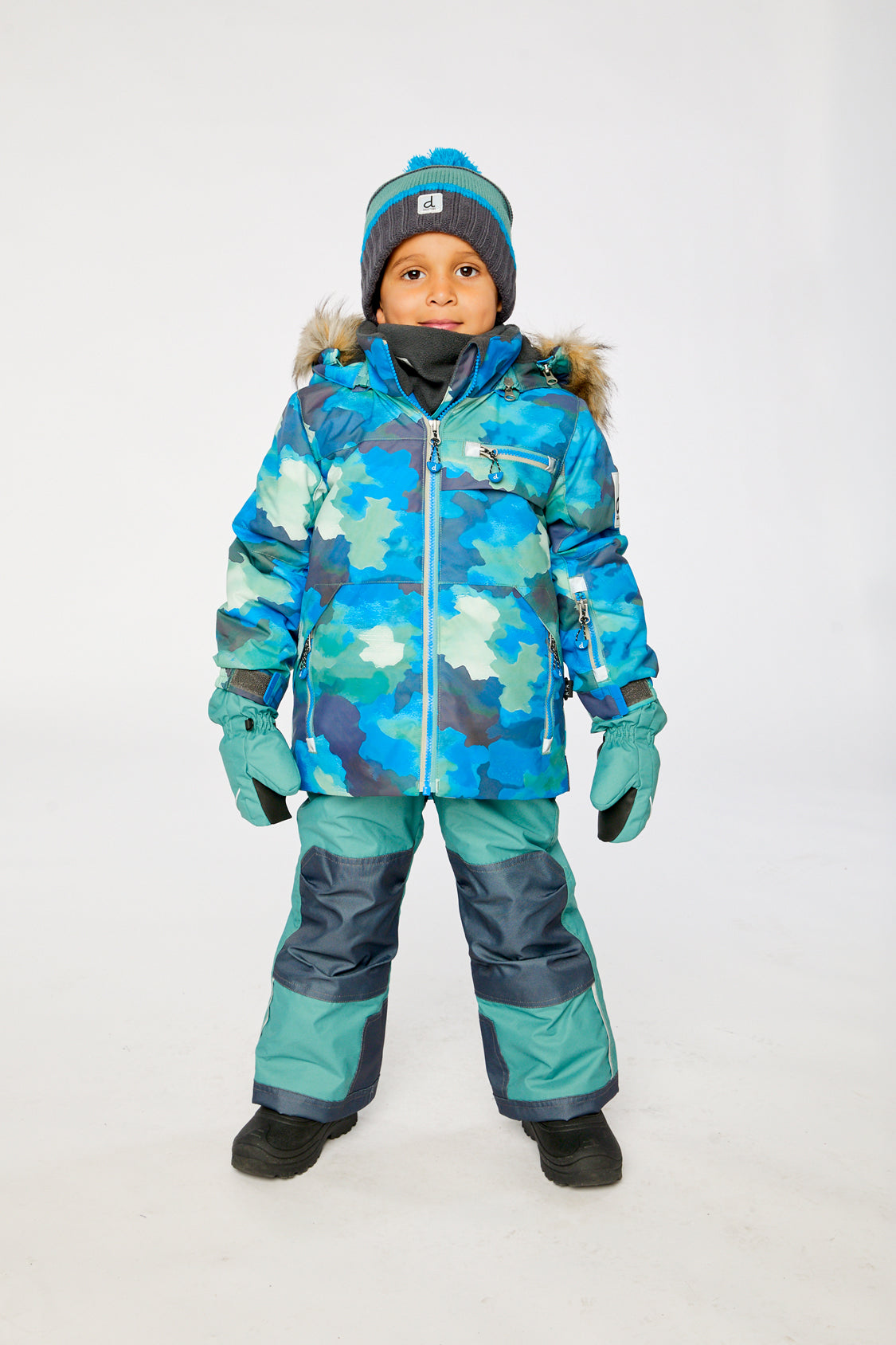 Two Piece Play Snowsuit Blue Camouflage Print With Green Pants-1