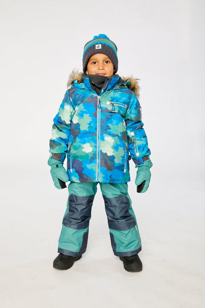Two Piece Play Snowsuit Blue Camouflage Print With Green Pants-1