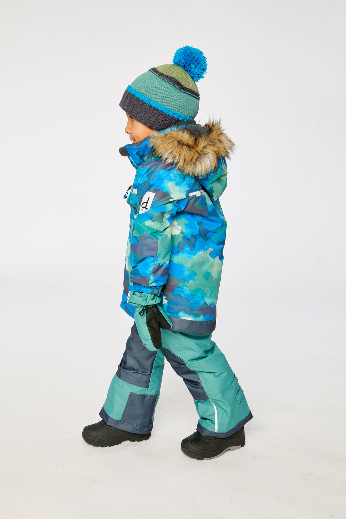 Two Piece Play Snowsuit Blue Camouflage Print With Green Pants-2