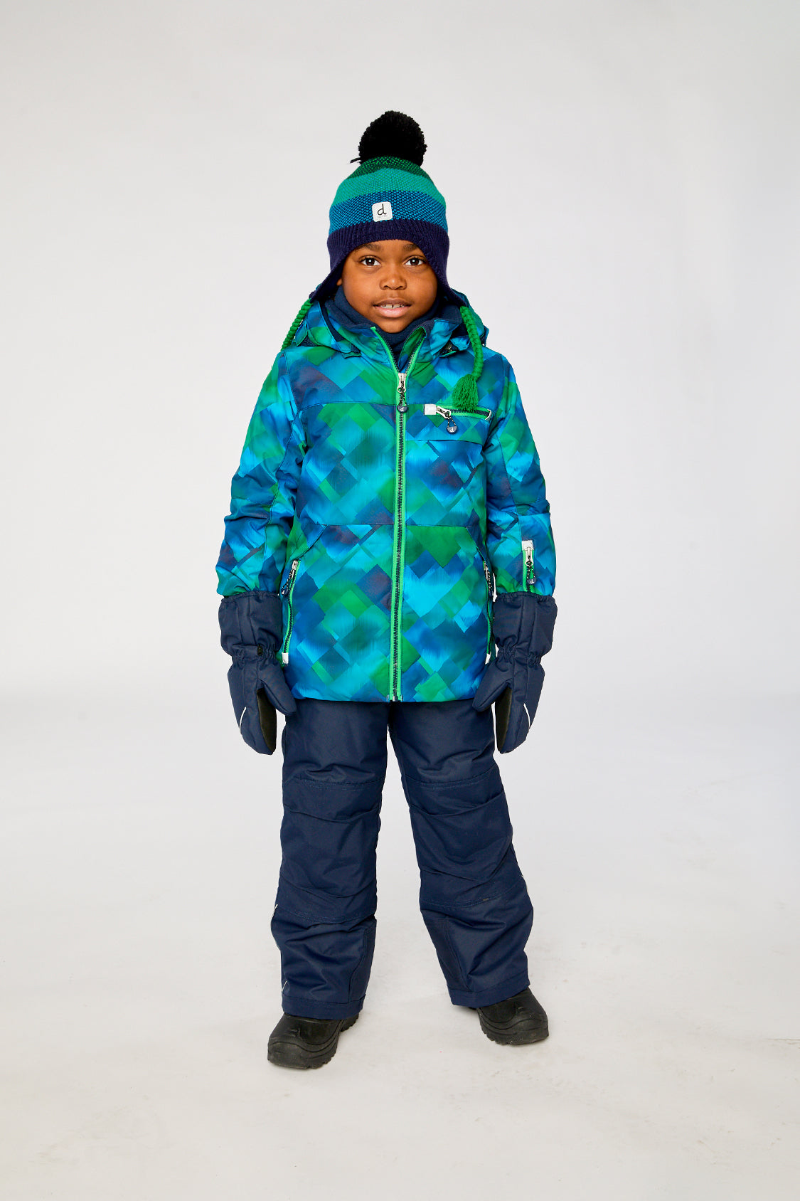 Two Piece Play Snowsuit Blue And Green Checkered Print With Navy Pants-1