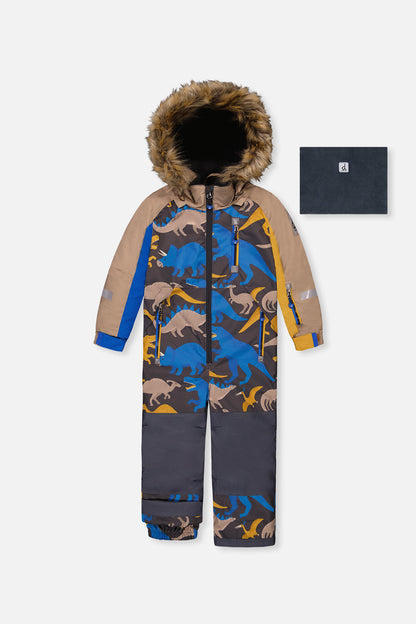 Kids One Piece Play Snowsuit Grey And Blue Dinosaur Print-0