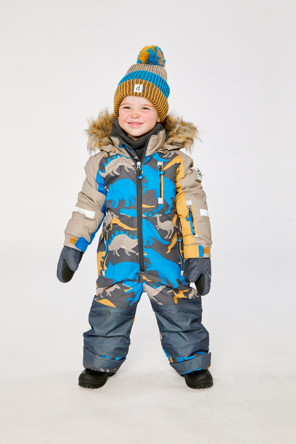 Kids One Piece Play Snowsuit Grey And Blue Dinosaur Print-3