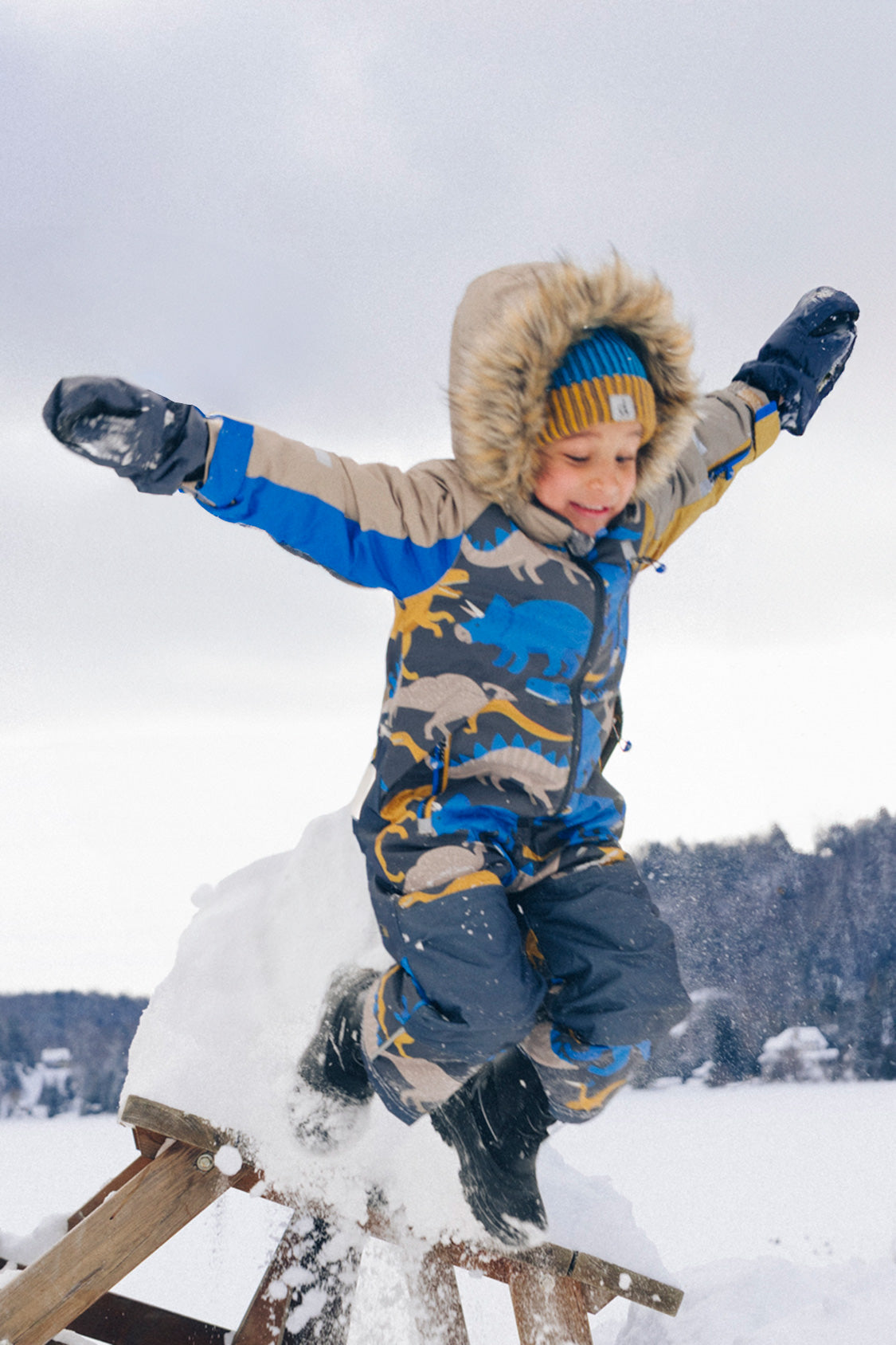 Kids One Piece Play Snowsuit Grey And Blue Dinosaur Print-1