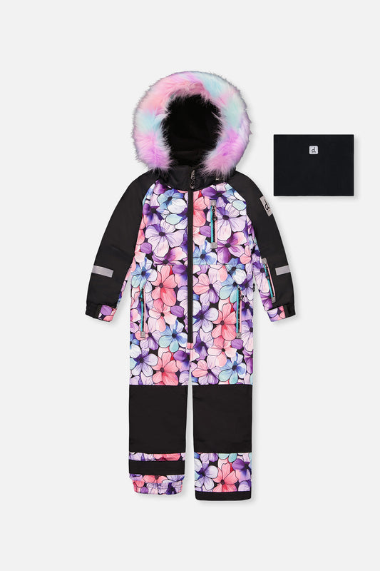 Kids One Piece Play Snowsuit Purple Floral Print-0