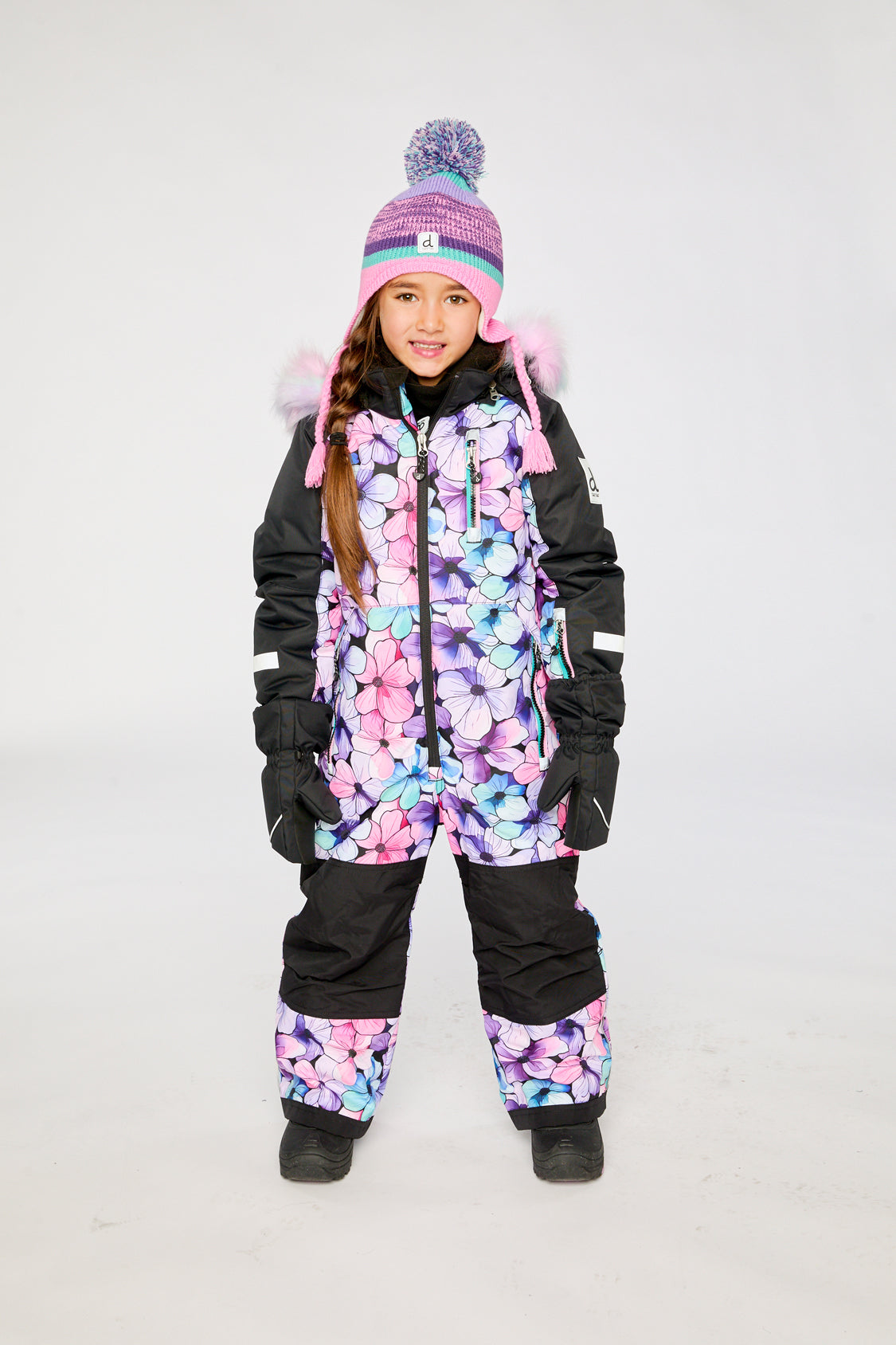 Kids One Piece Play Snowsuit Purple Floral Print-3