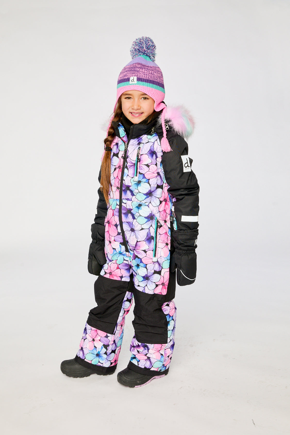 Kids One Piece Play Snowsuit Purple Floral Print-4