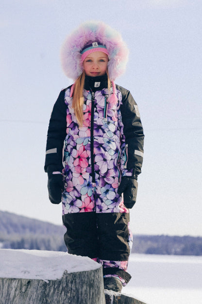 Kids One Piece Play Snowsuit Purple Floral Print-1