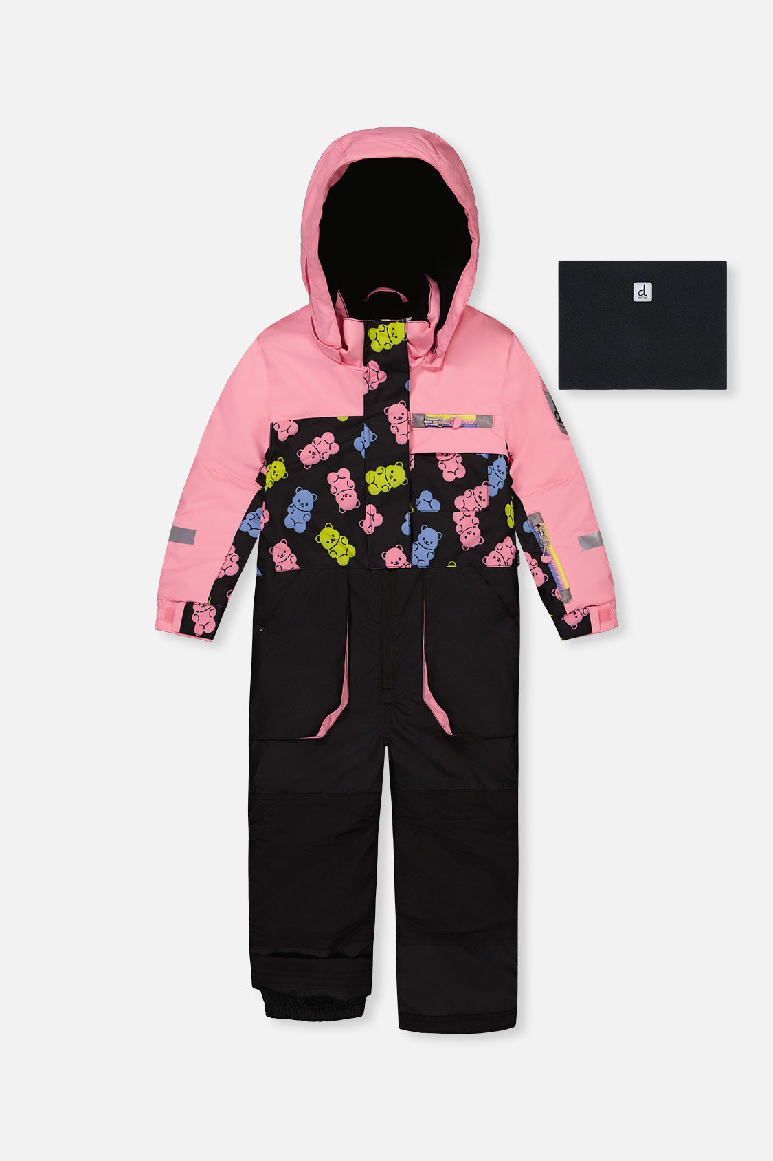 Kids One Piece Play Snowsuit Pink And Black Gummy Bear Print-0