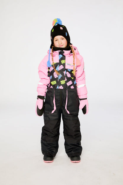 Kids One Piece Play Snowsuit Pink And Black Gummy Bear Print-1