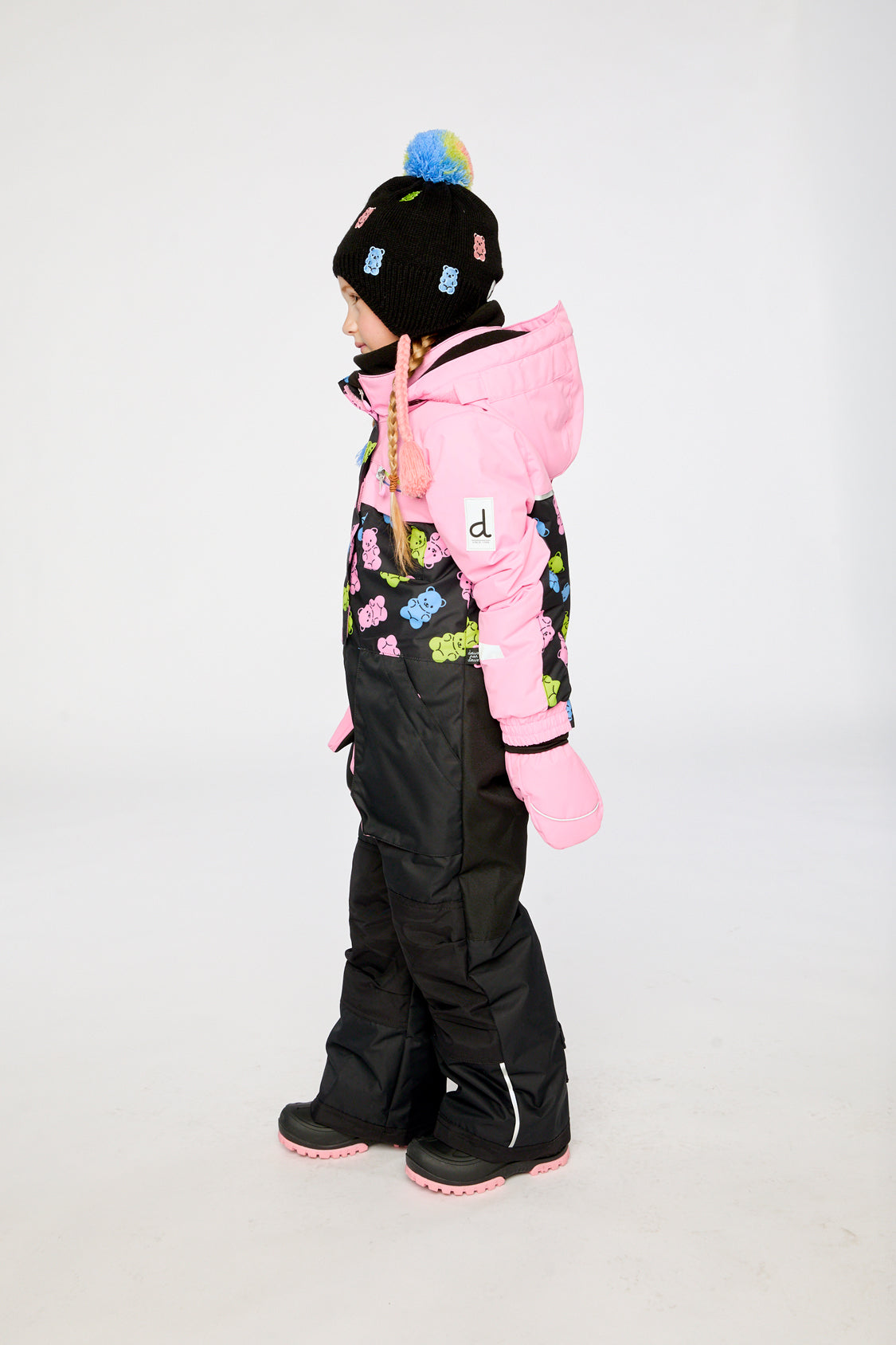 Kids One Piece Play Snowsuit Pink And Black Gummy Bear Print-2