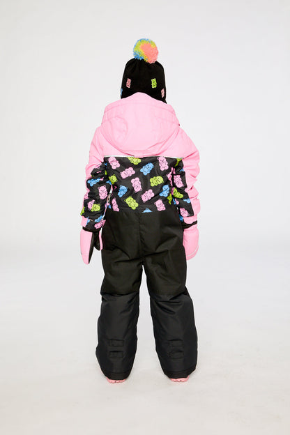 Kids One Piece Play Snowsuit Pink And Black Gummy Bear Print-3
