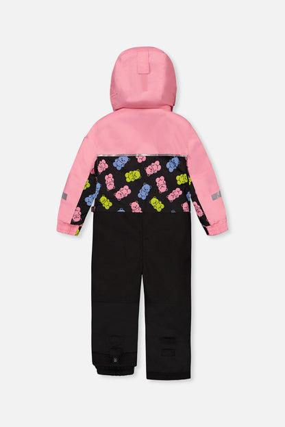 Kids One Piece Play Snowsuit Pink And Black Gummy Bear Print-4