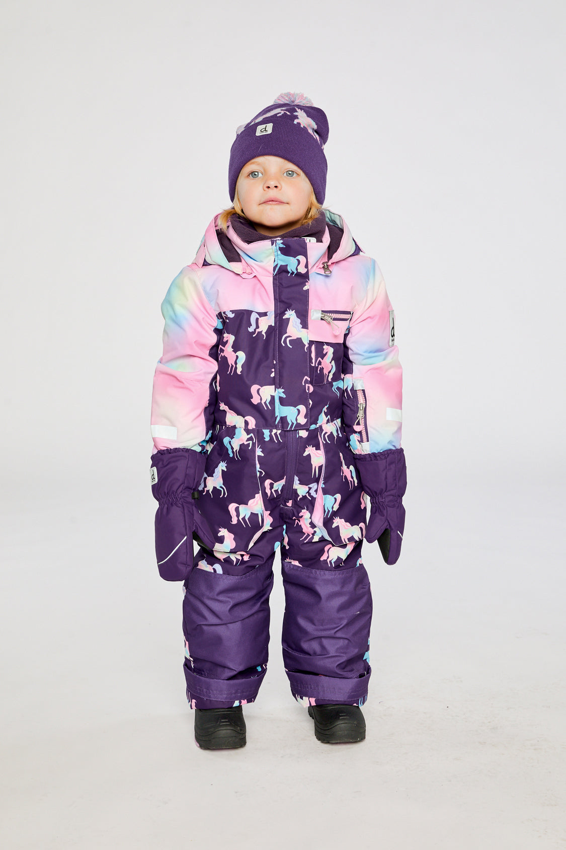 Kids One Piece Play Snowsuit Purple Unicorn Print-2