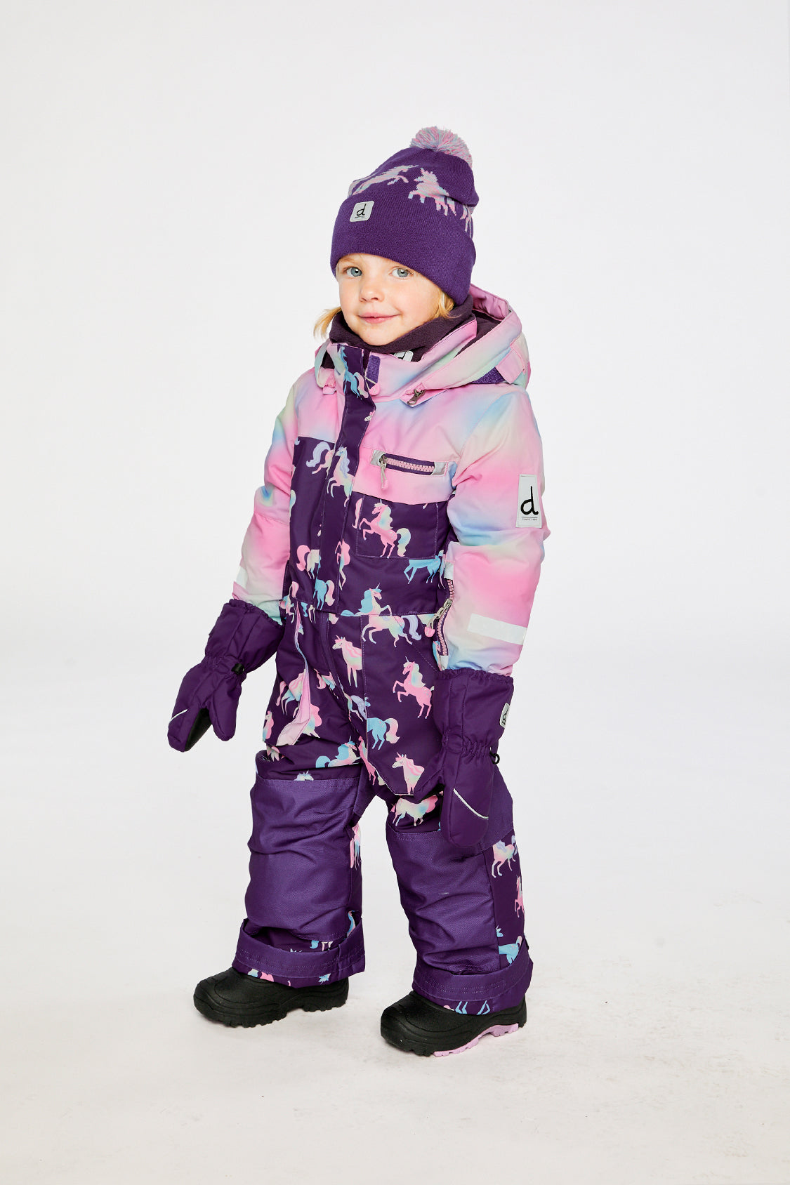 Kids One Piece Play Snowsuit Purple Unicorn Print-3