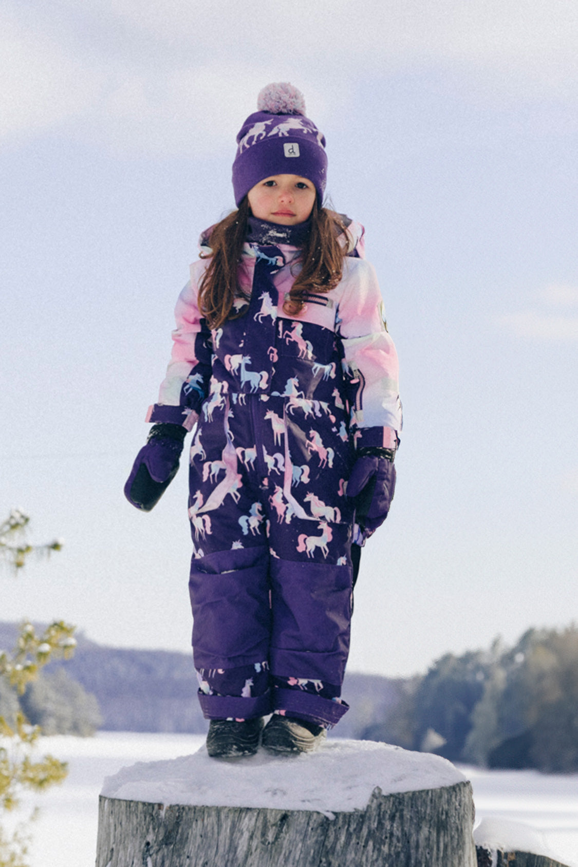 Kids One Piece Play Snowsuit Purple Unicorn Print-1