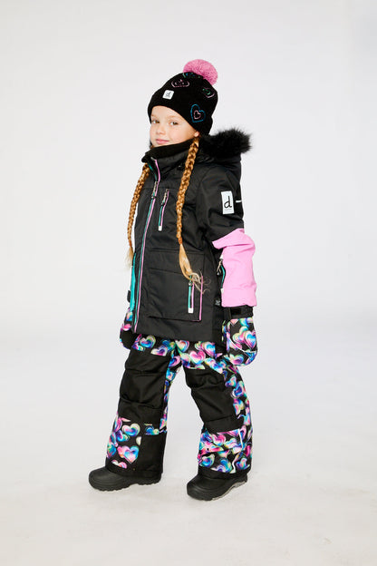 Two Piece Play Snowsuit Black, Blue And Pink Colorblock With Heart Print Pants-4