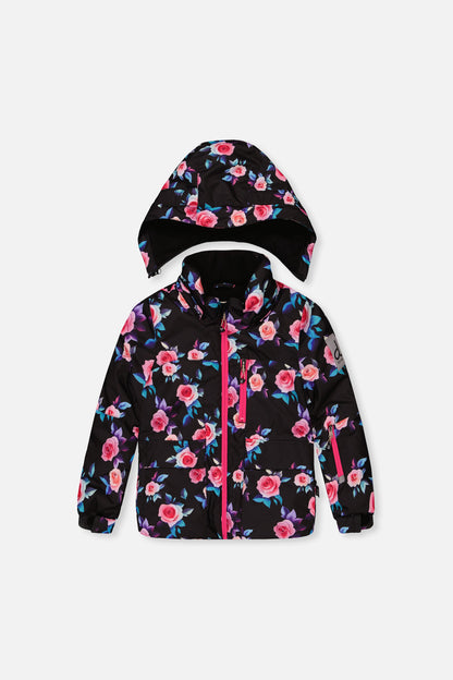 Two Piece Play Snowsuit Black Rose Print With Pink Pants-4