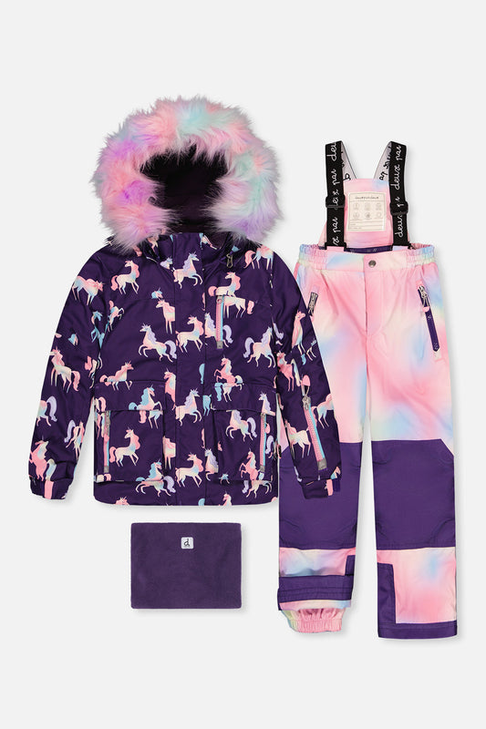 Two Piece Play Snowsuit Purple Unicorn Print With Multicolored Pants-0