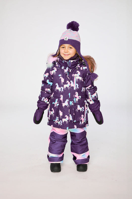 Two Piece Play Snowsuit Purple Unicorn Print With Multicolored Pants-1