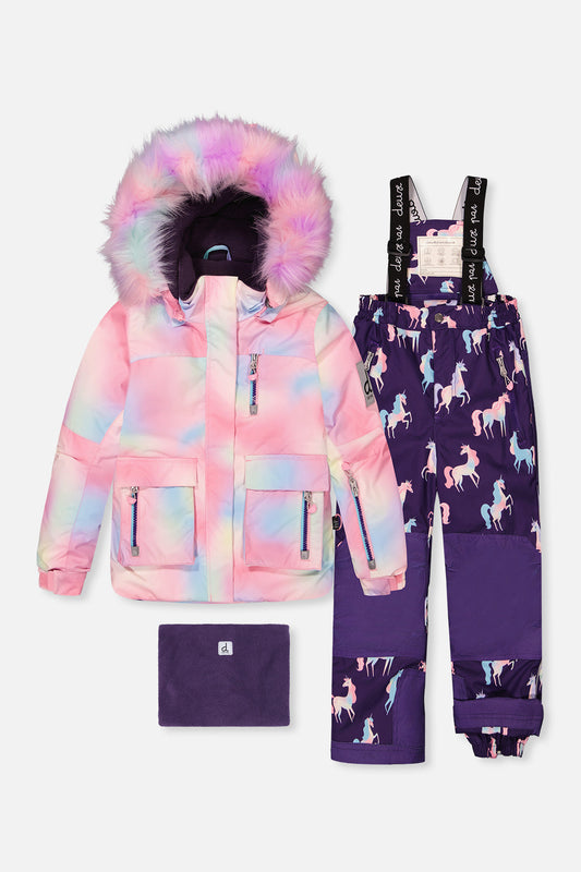 Two Piece Play Snowsuit Multicolored With Purple Unicorn Print Pants-0