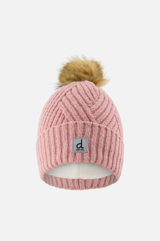 Winter Knit Hat With Pompom Pale Dusty Pink-0