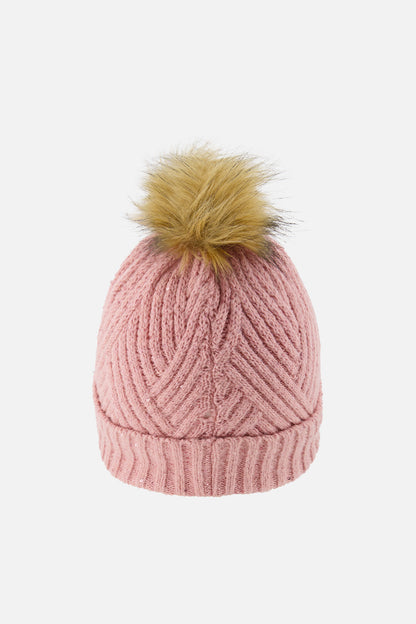 Winter Knit Hat With Pompom Pale Dusty Pink-2