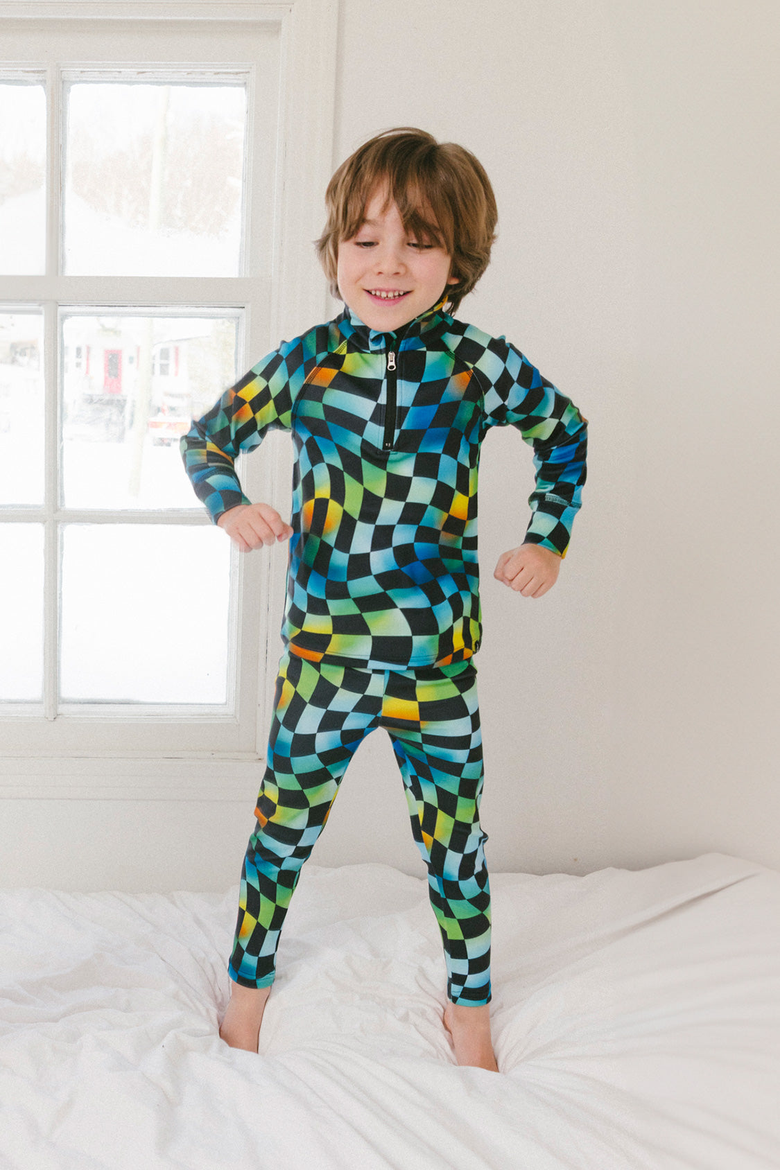 Two Piece Thermal Underwear Blue Checkered Print-1