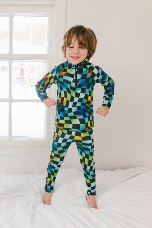 Two Piece Thermal Underwear Blue Checkered Print-1
