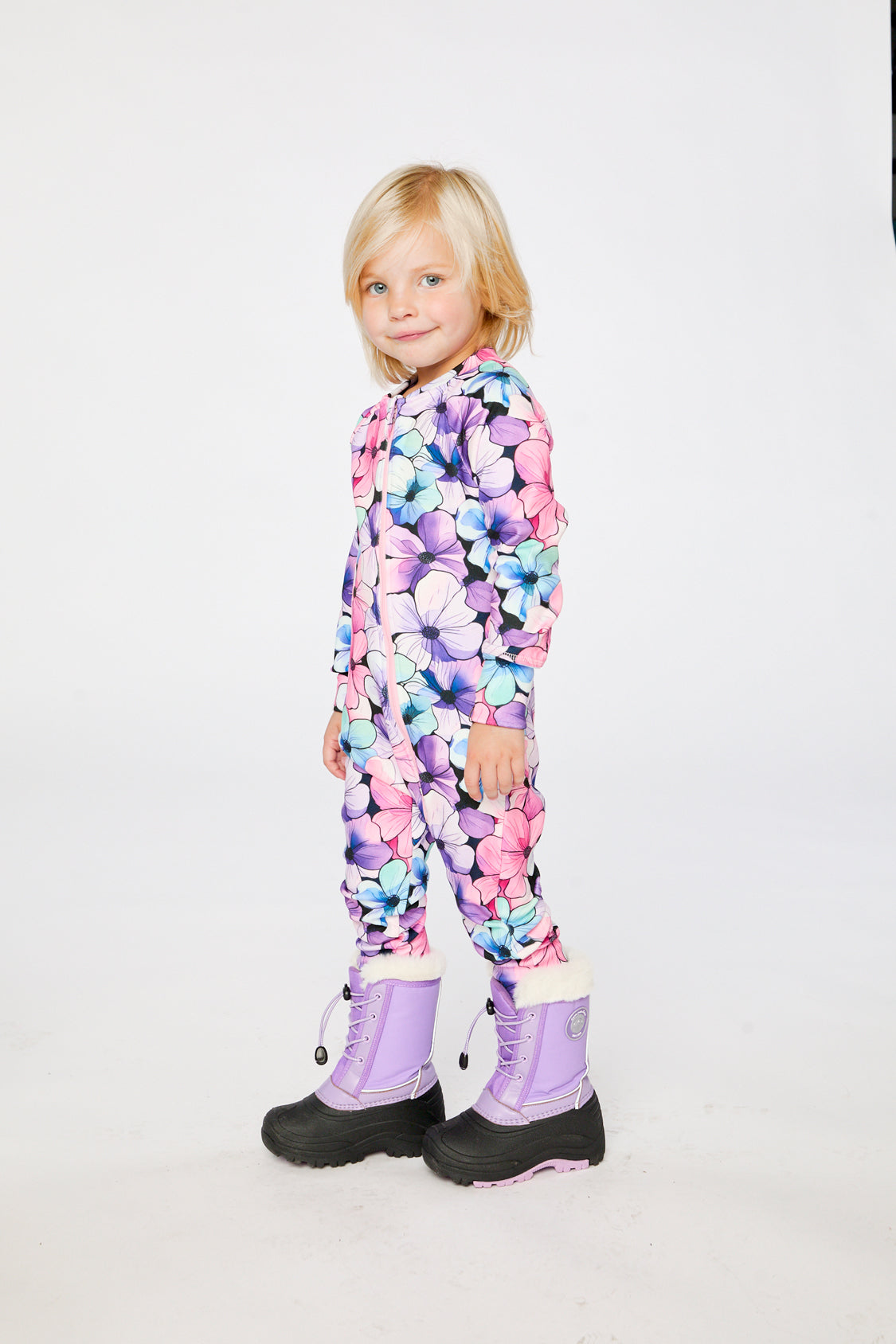 One Piece Thermal Underwear Purple Floral Print-2