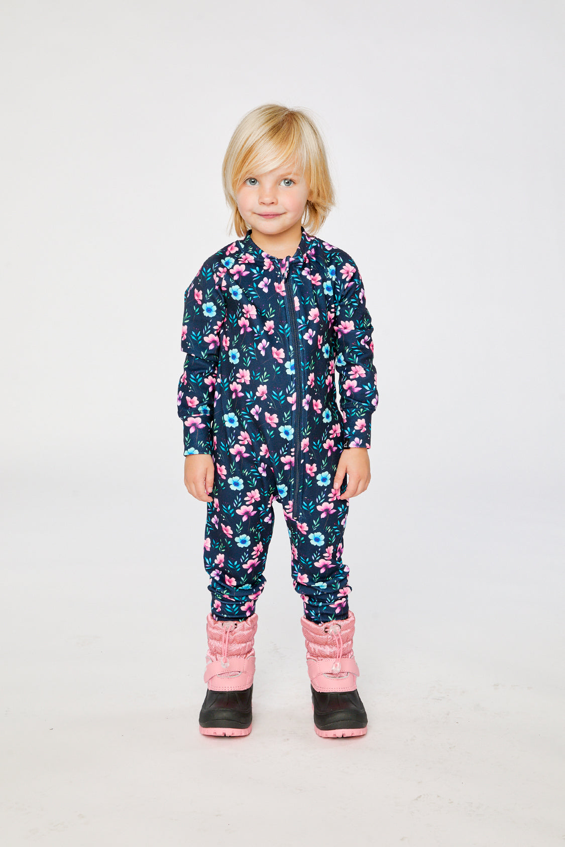 One Piece Thermal Underwear Blue Floral Print-1