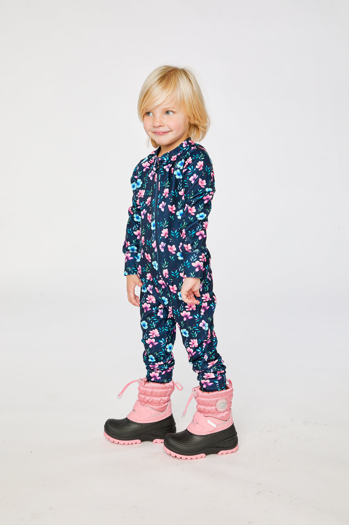 One Piece Thermal Underwear Blue Floral Print-2