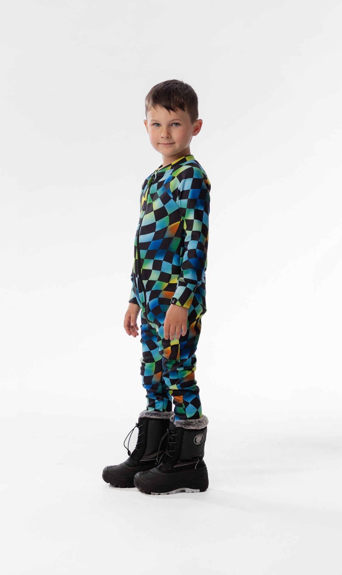 One Piece Thermal Underwear Blue Checkered Print-2