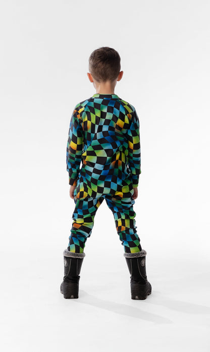 One Piece Thermal Underwear Blue Checkered Print-3