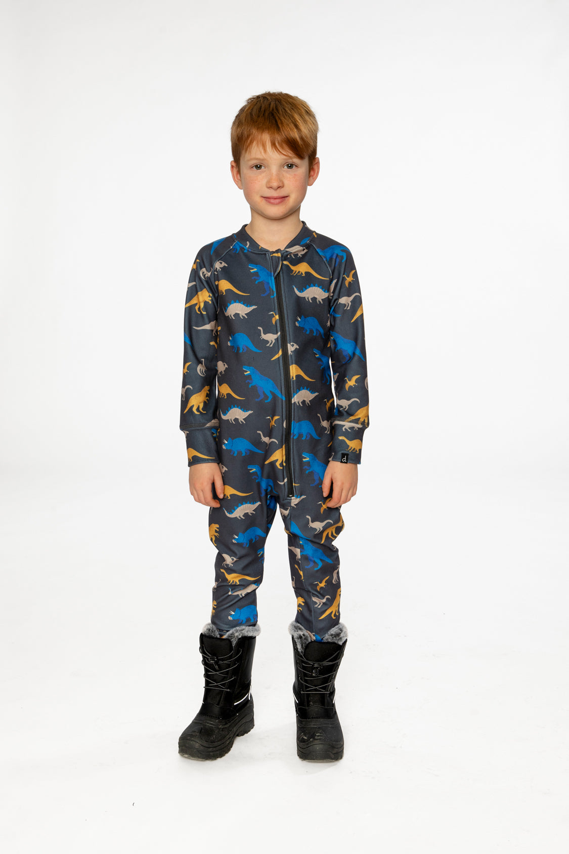 One Piece Thermal Underwear Grey And Blue Dinosaur Print-1