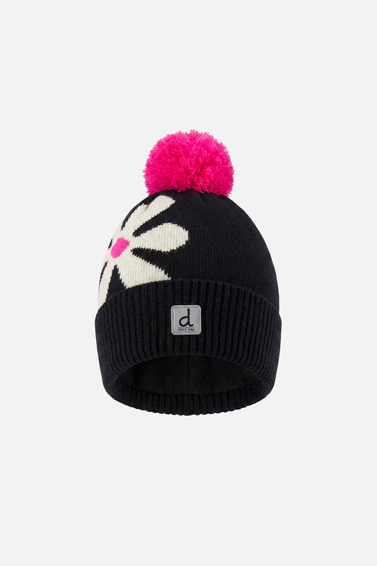 Winter Knit Hat With Pompom Black, White And Pink-0