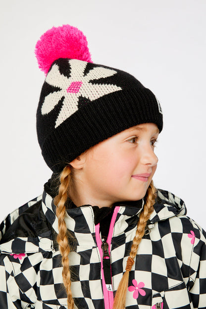 Winter Knit Hat With Pompom Black, White And Pink-1