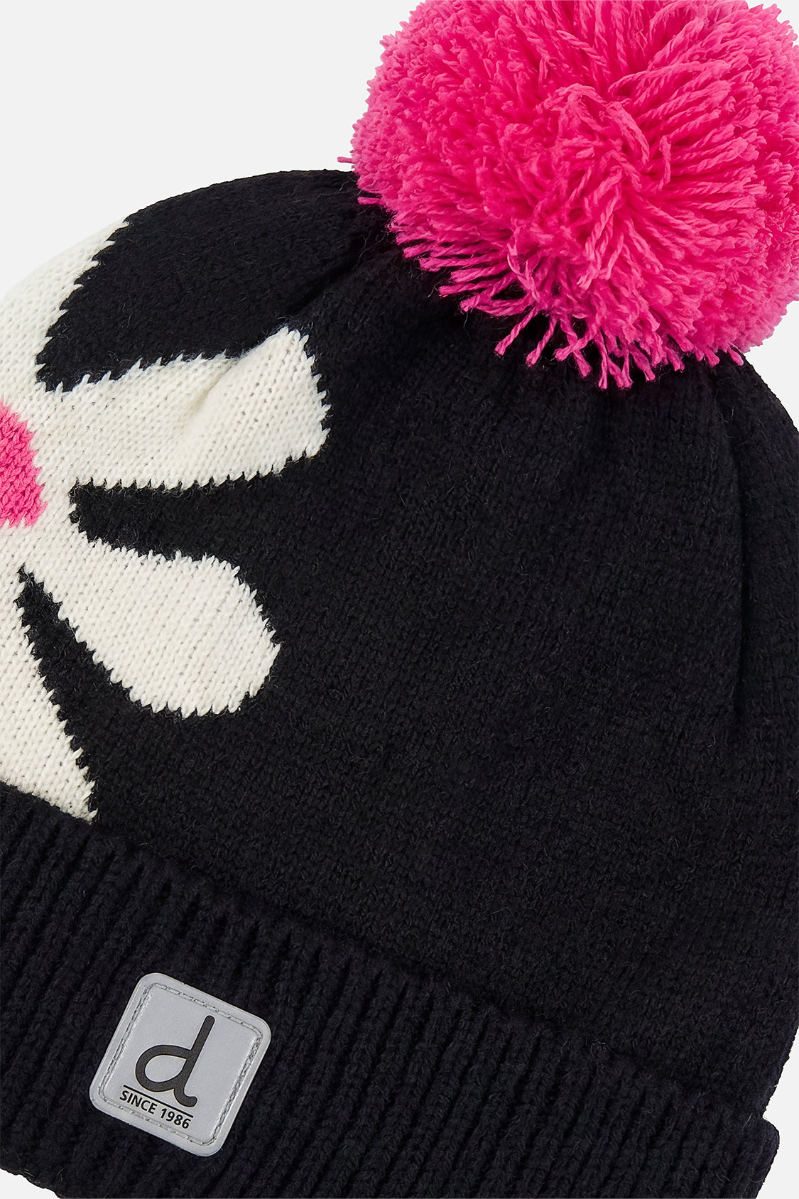 Winter Knit Hat With Pompom Black, White And Pink-3