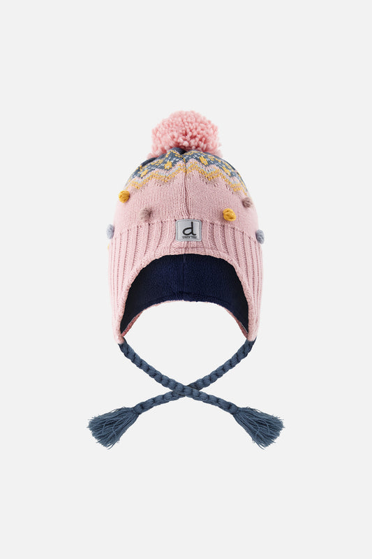 Winter Peruvian Knit Hat With Pompom Pink And Blue Jacquard-0