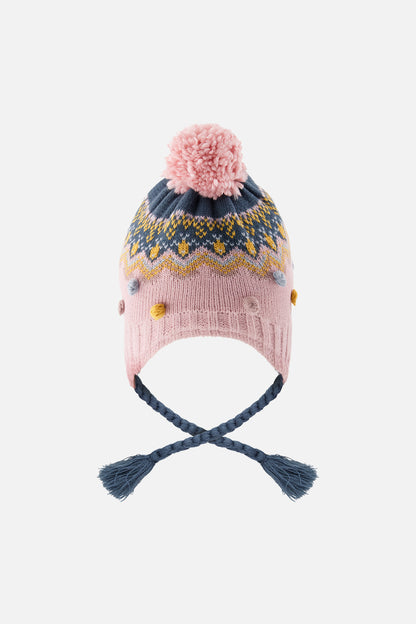 Winter Peruvian Knit Hat With Pompom Pink And Blue Jacquard-2