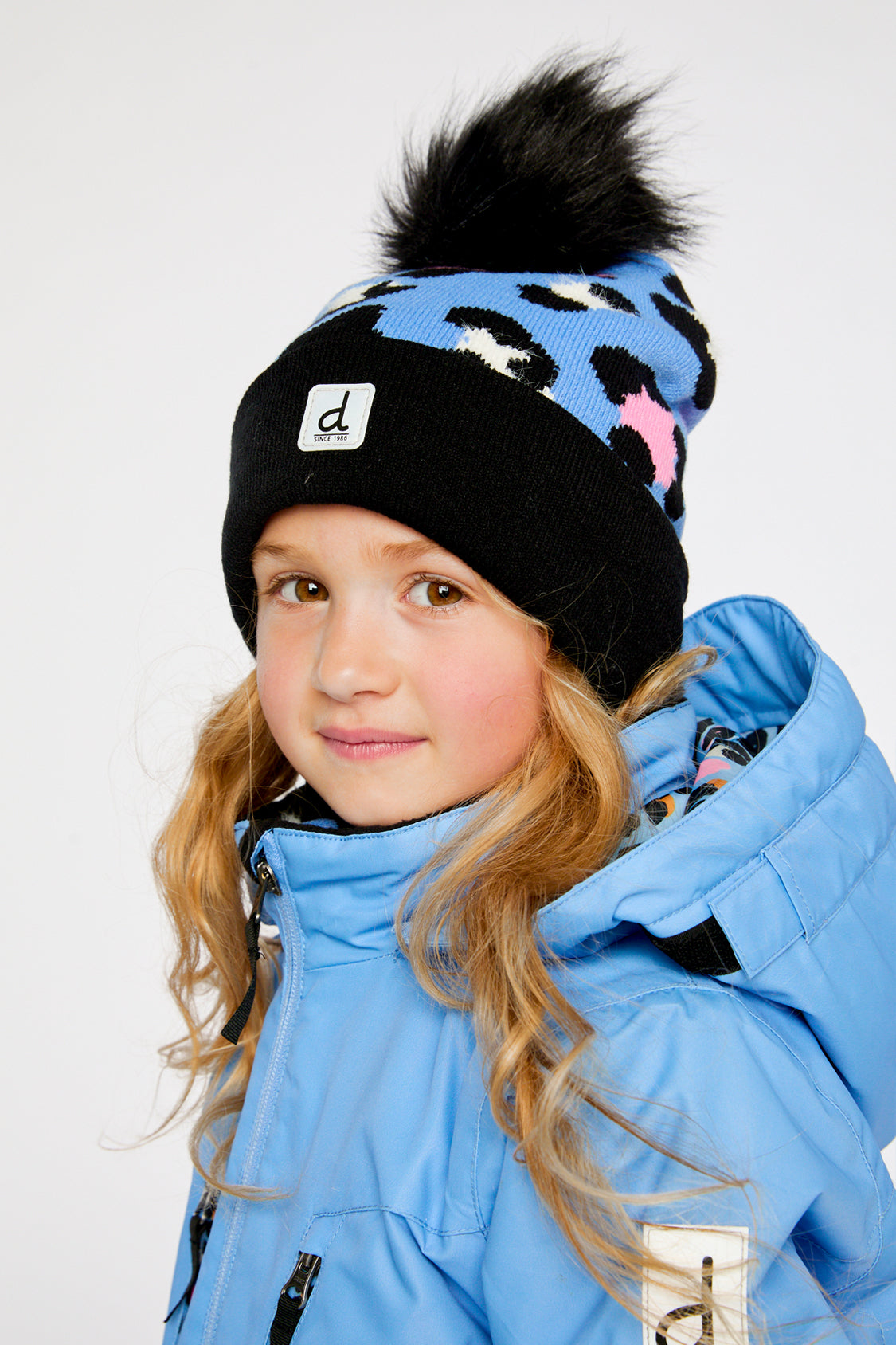 Winter Knit Hat With Pompom Blue Leopard Print-1