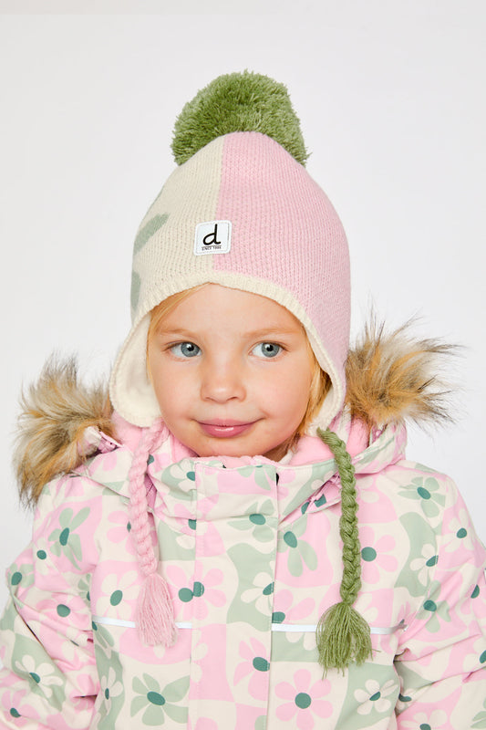 Winter Peruvian Knit Hat With Pompom Lavender Pink And Green-1