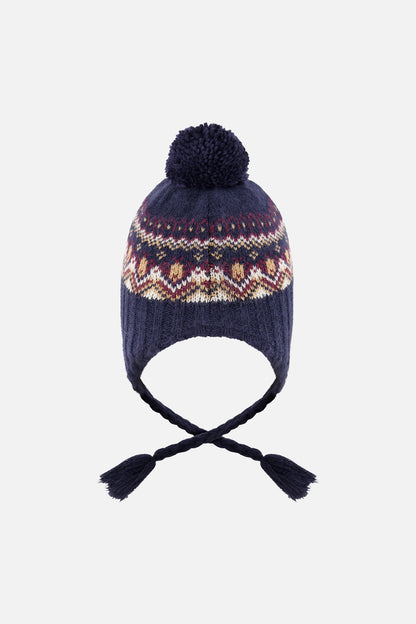Baby Winter Peruvian Knit Hat With Pompom Blue And Red Jacquard-2