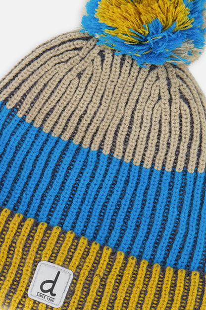 Winter Knit Hat With Pompom Blue And Yellow-3