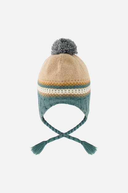 Baby Winter Peruvian Knit Hat With Pompom Beige And Green Jacquard-2