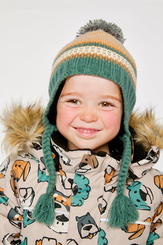 Winter Peruvian Knit Hat With Pompom Beige And Green Jacquard-1