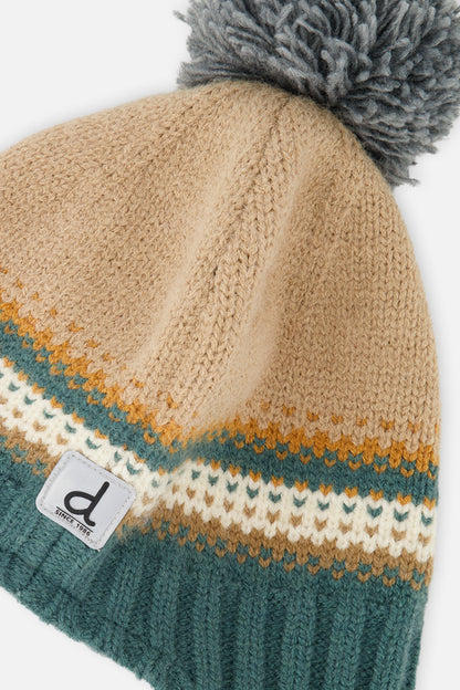 Winter Peruvian Knit Hat With Pompom Beige And Green Jacquard-3