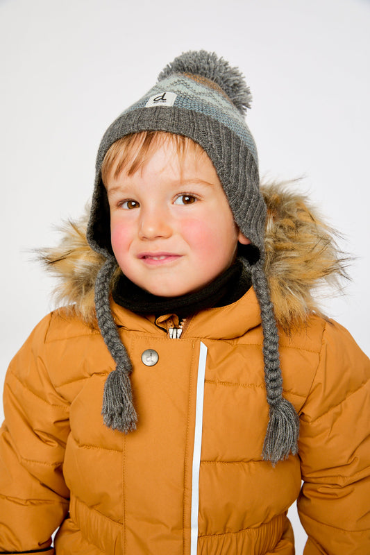 Winter Peruvian Knit Hat With Pompom Grey And Blue Fair Isle-1