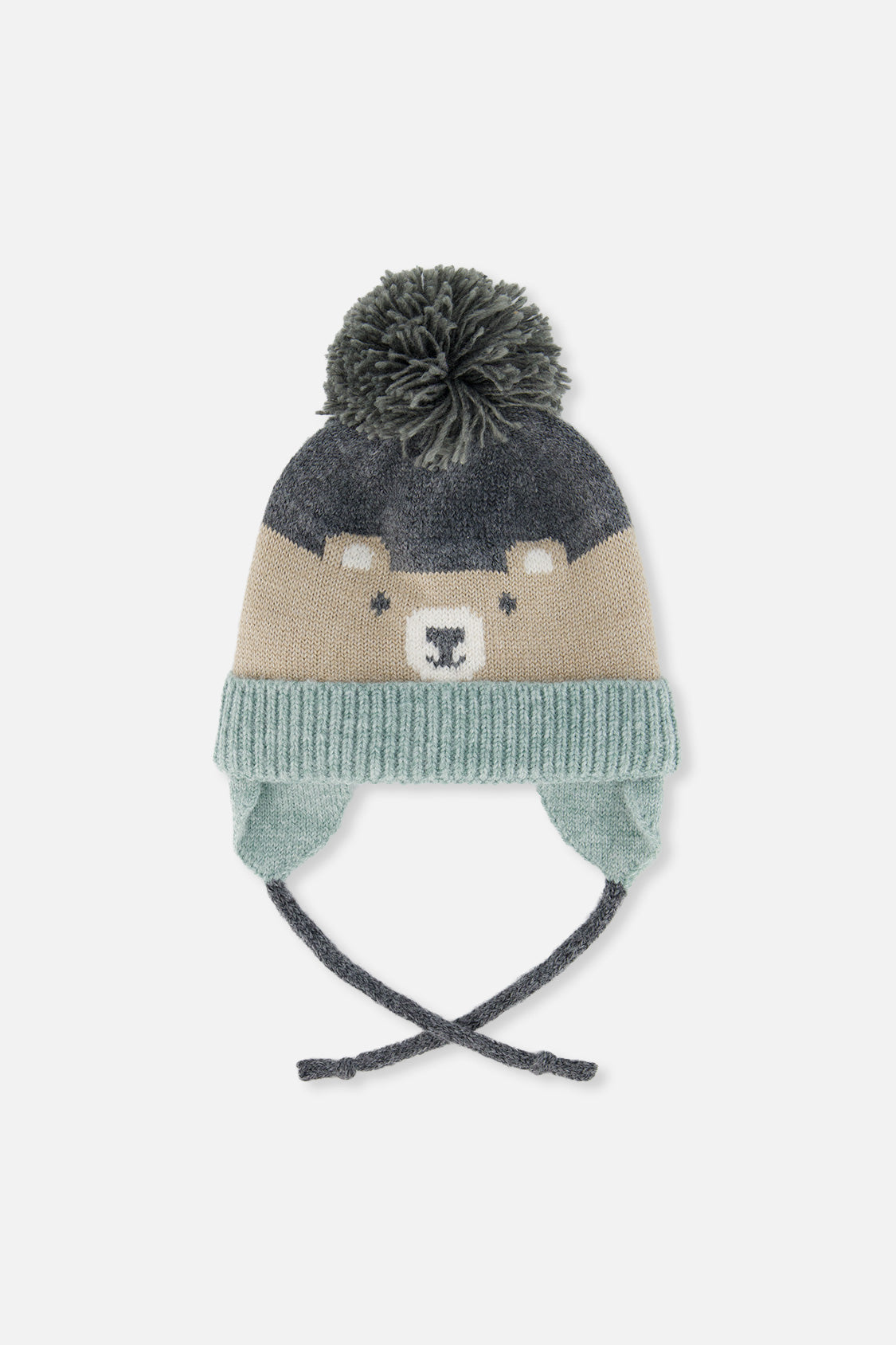 Baby Winter Knit Hat With Teddy Bear Face And Ears Beige And Turquoise-0