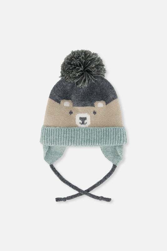 Winter Knit Hat With Teddy Bear Face And Ears Beige And Turquoise-0